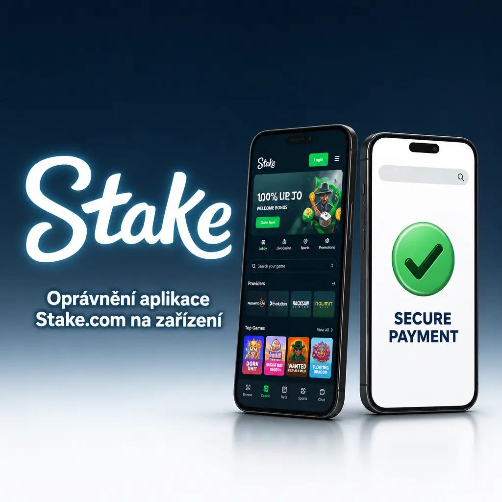 Oprávnění aplikace Stake.com: internet, fotoaparát pro KYC, úložiště, notifikace a biometrie pro přihlášení.